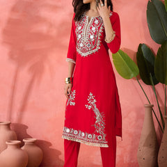 Embroidered Straight Kurta & Palazzo With Bag