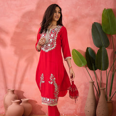 Embroidered Straight Kurta & Palazzo With Bag