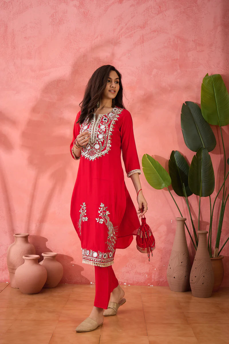 Embroidered Straight Kurta, Trousers With Bag