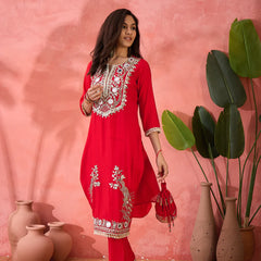 Embroidered Straight Kurta, Trousers With Bag