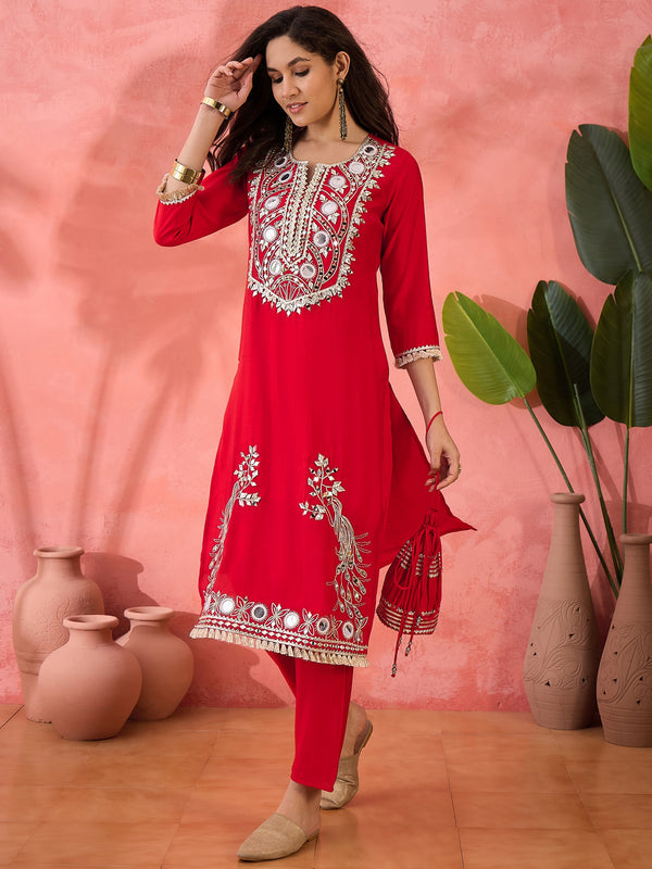 Embroidered Straight Kurta & Palazzo With Bag