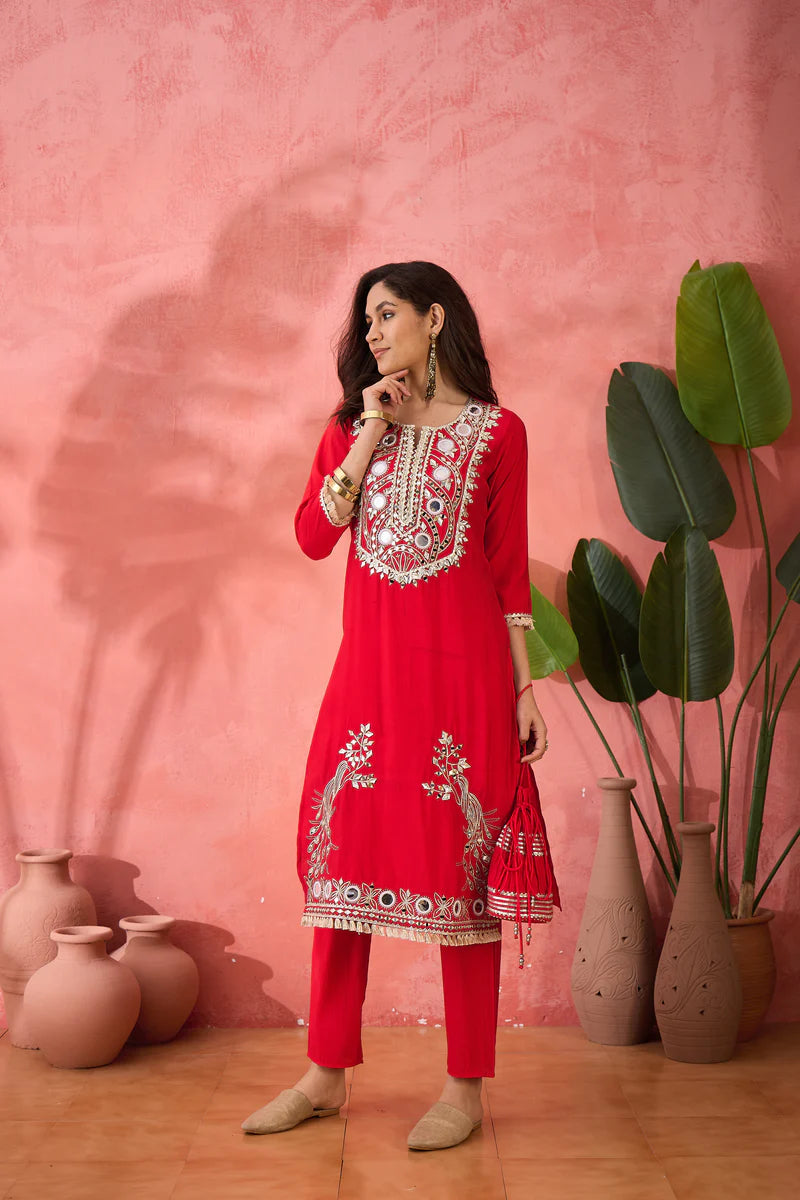 Embroidered Straight Kurta, Trousers With Bag