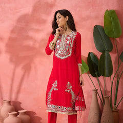 Embroidered Straight Kurta, Trousers With Bag