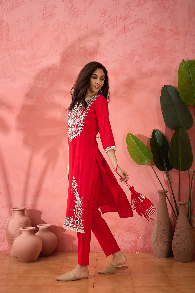 Embroidered Straight Kurta & Palazzo With Bag