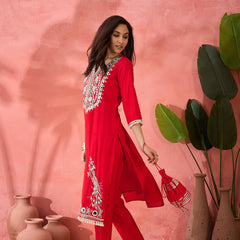 Embroidered Straight Kurta, Trousers With Bag