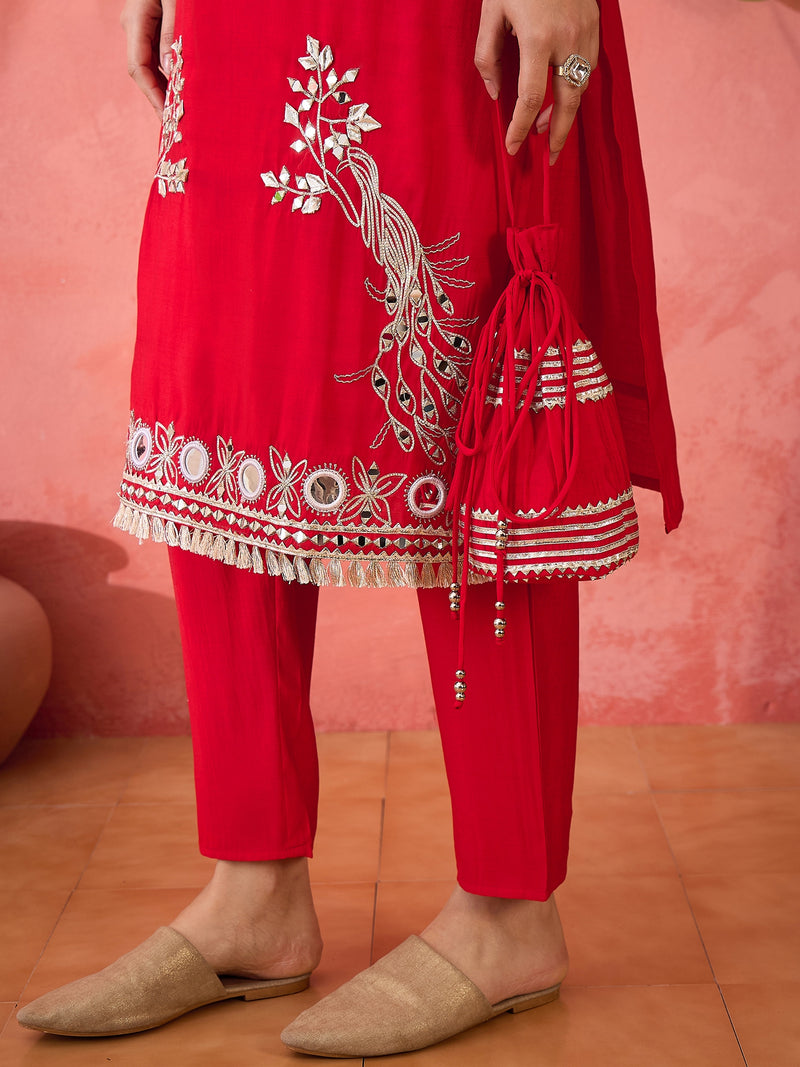 Embroidered Straight Kurta & Palazzo With Bag