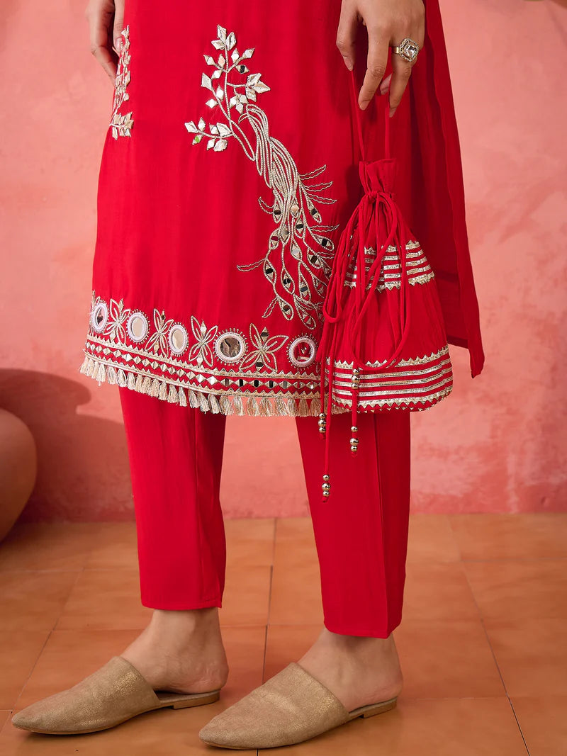 Embroidered Straight Kurta, Trousers With Bag