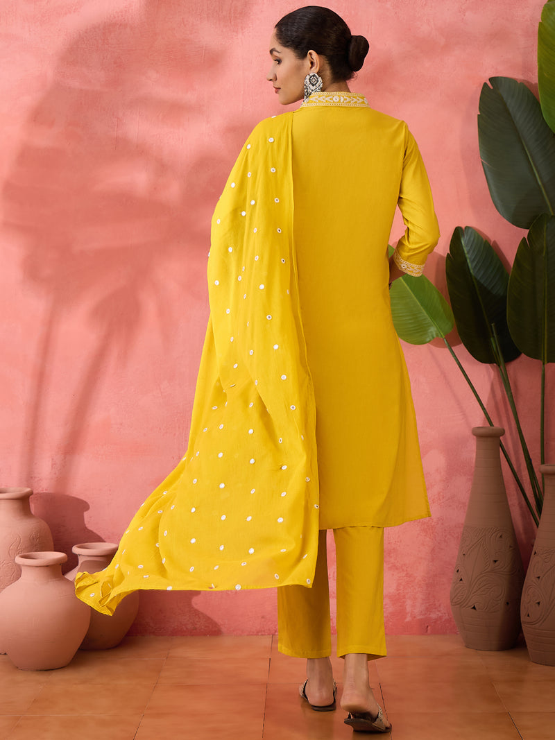 Embroidered Pure Cotton Straight Kurta With Trousers & Dupatta