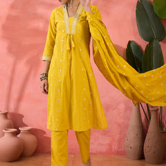 Embroidered Pure Cotton Straight Kurta With Trousers & Dupatta