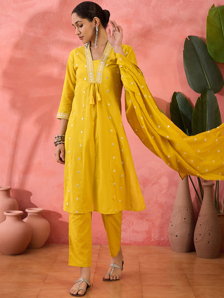 Embroidered Pure Cotton Straight Kurta With Trousers & Dupatta