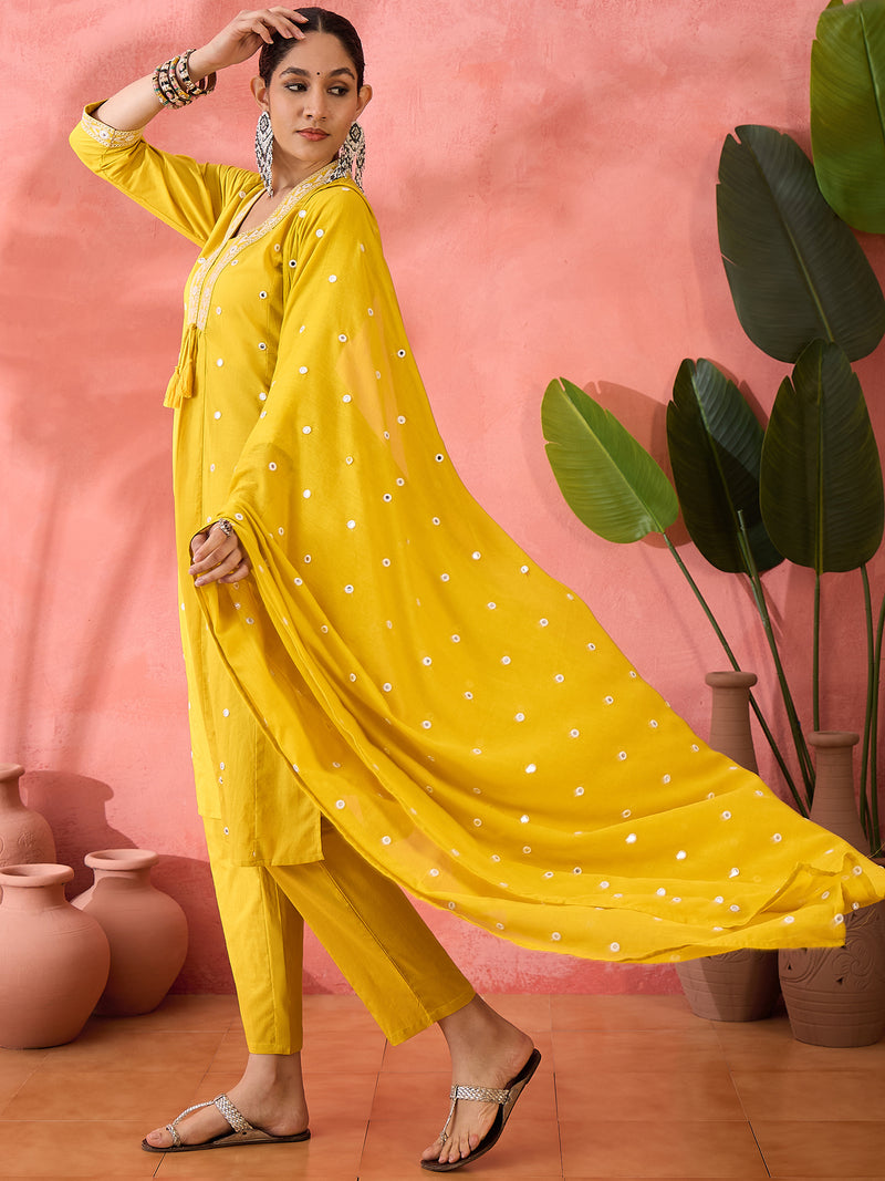 Embroidered Pure Cotton Straight Kurta With Trousers & Dupatta