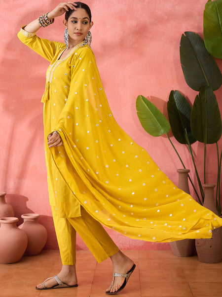 Embroidered Pure Cotton Straight Kurta With Trousers & Dupatta