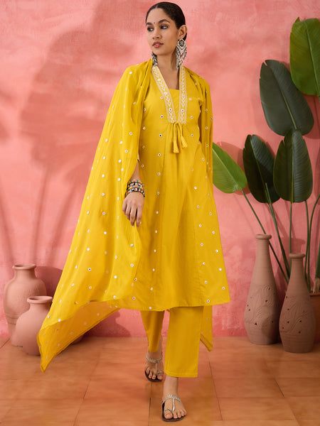 Embroidered Pure Cotton Straight Kurta With Trousers & Dupatta