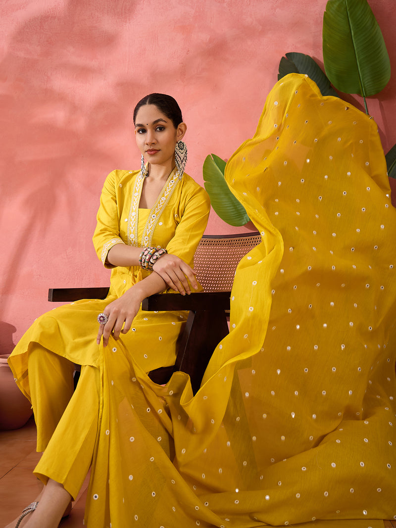 Embroidered Pure Cotton Straight Kurta With Trousers & Dupatta
