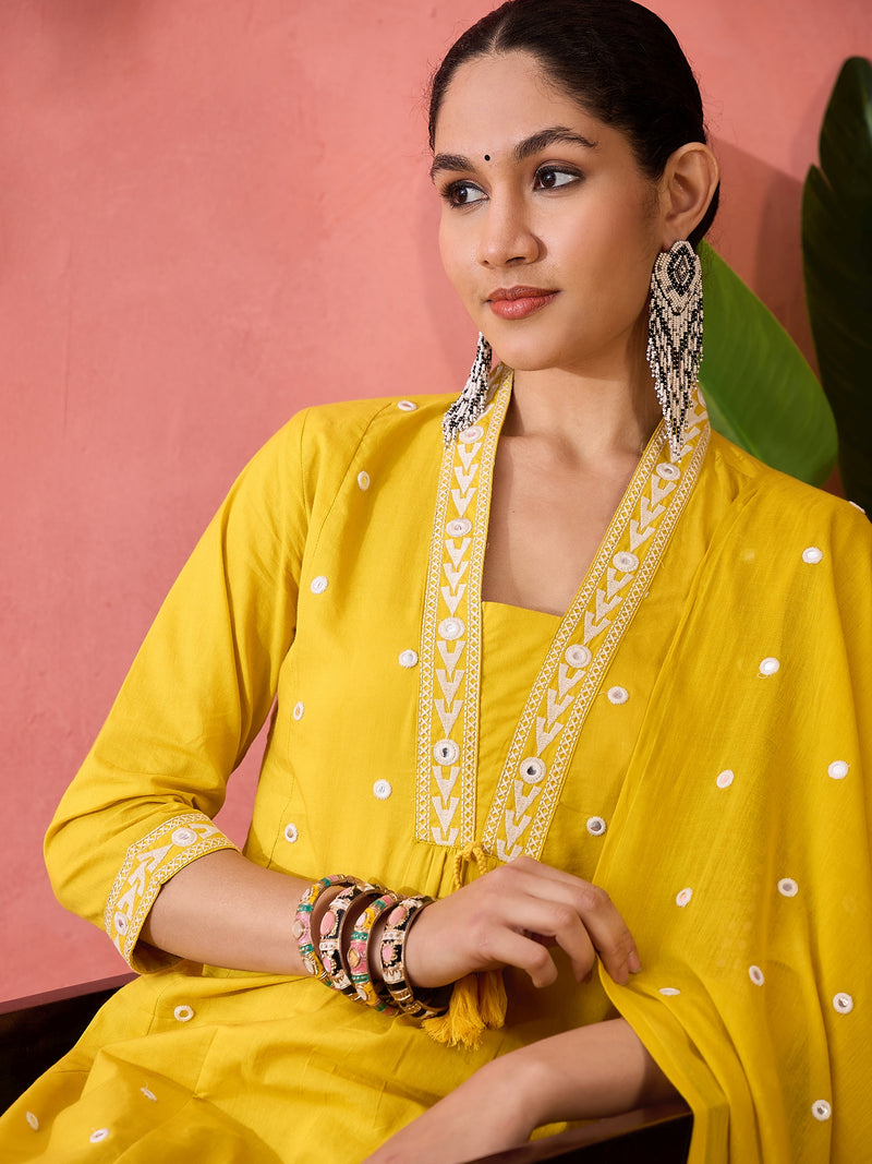 Embroidered Pure Cotton Straight Kurta With Trousers & Dupatta