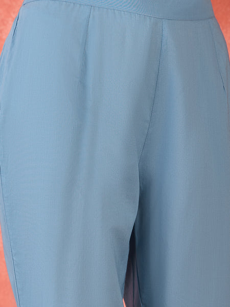 Ice Blue Embroidered Cotton Kurta Set with Straight Pants