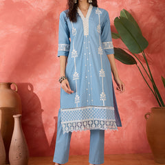 Embroidered Cotton Kurta Set with Straight Pants