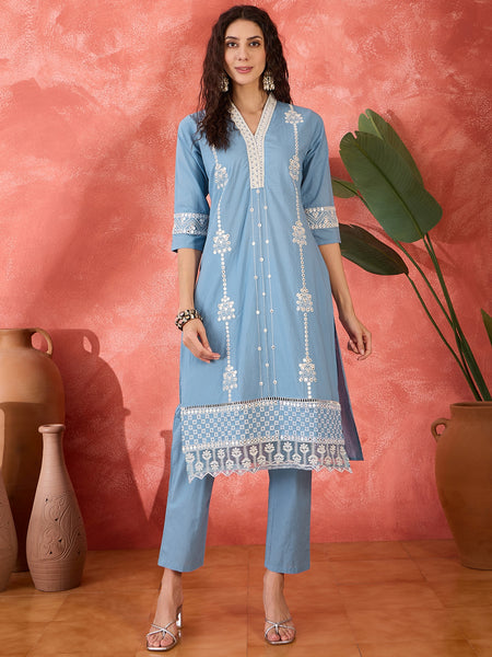 Ice Blue Embroidered Cotton Kurta Set with Straight Pants