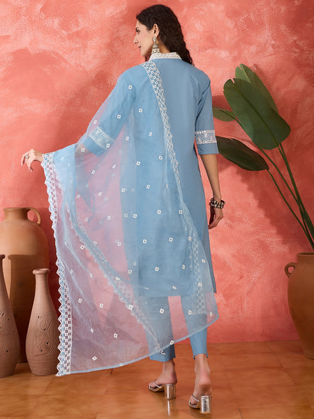 Ice Blue Embroidered Cotton Kurta Set with Straight Pants