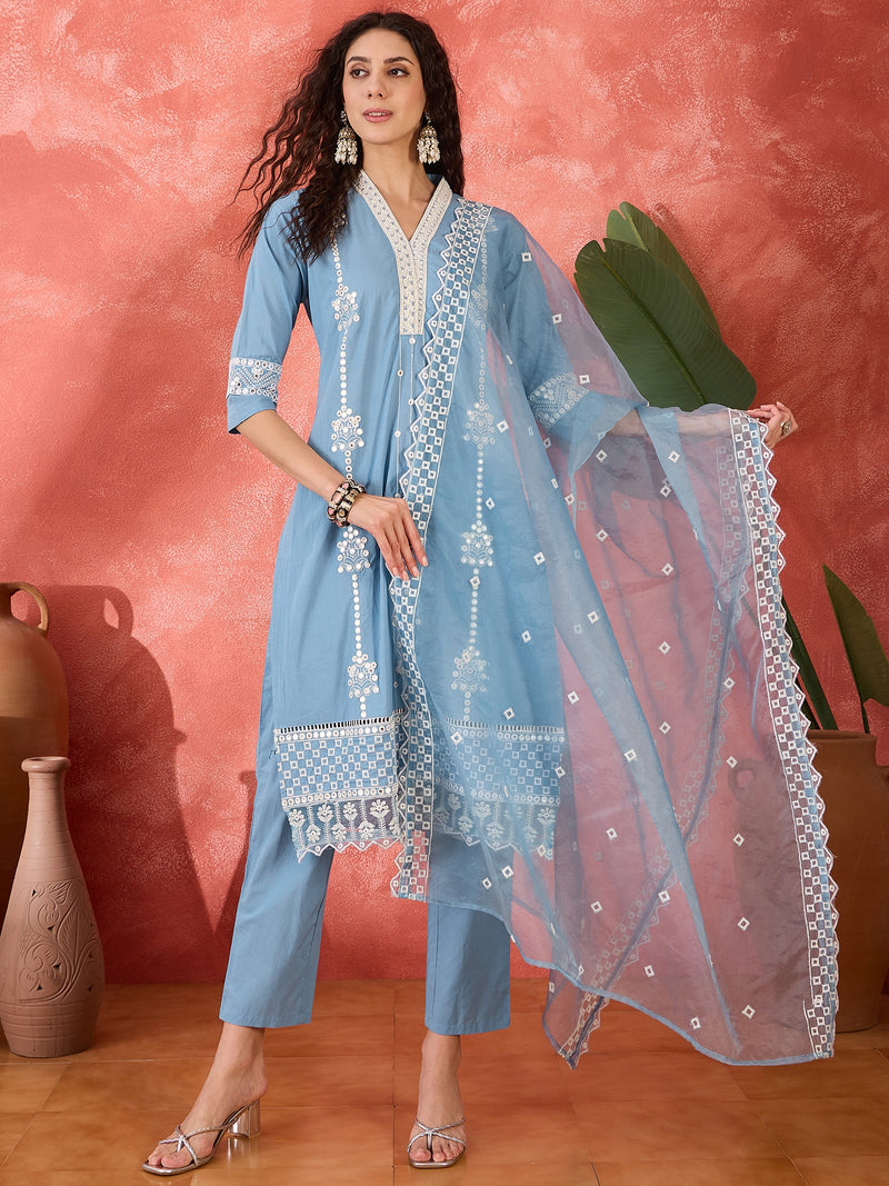 Embroidered Cotton Kurta Set with Straight Pants