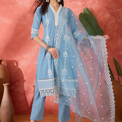 Embroidered Cotton Kurta Set with Straight Pants