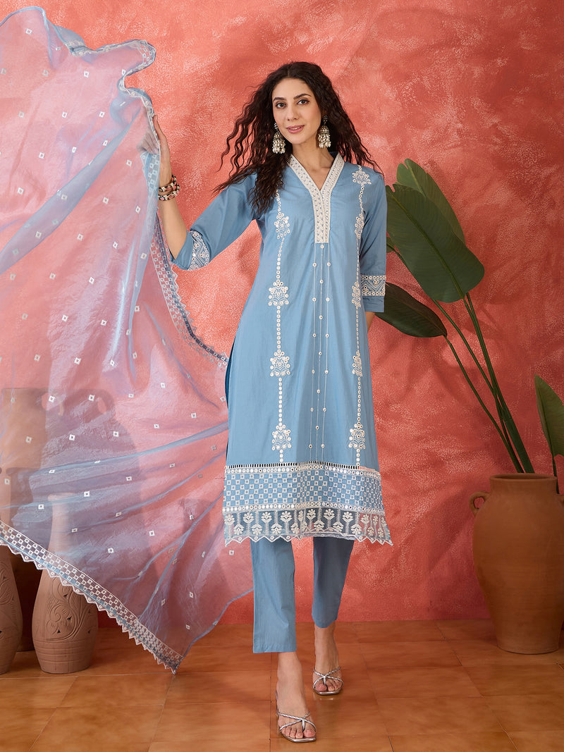 Embroidered Cotton Kurta Set with Straight Pants