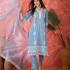 Embroidered Cotton Kurta Set with Straight Pants