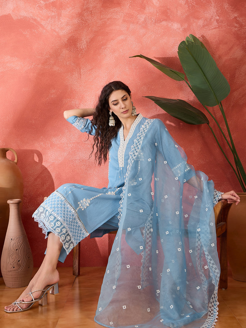 Embroidered Cotton Kurta Set with Straight Pants