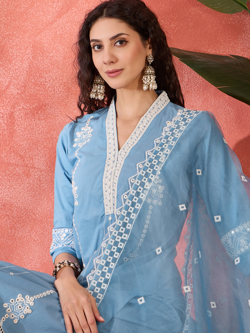Embroidered Cotton Kurta Set with Straight Pants