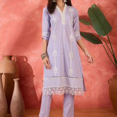 Lilac Embroidered Cotton Kurta Set with Straight Pants