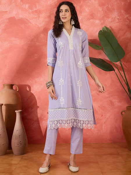 Lilac Embroidered Cotton Kurta Set with Straight Pants