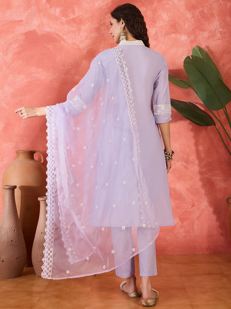 Lilac Embroidered Cotton Kurta Set with Straight Pants