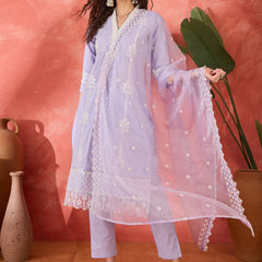 Lilac Embroidered Cotton Kurta Set with Straight Pants
