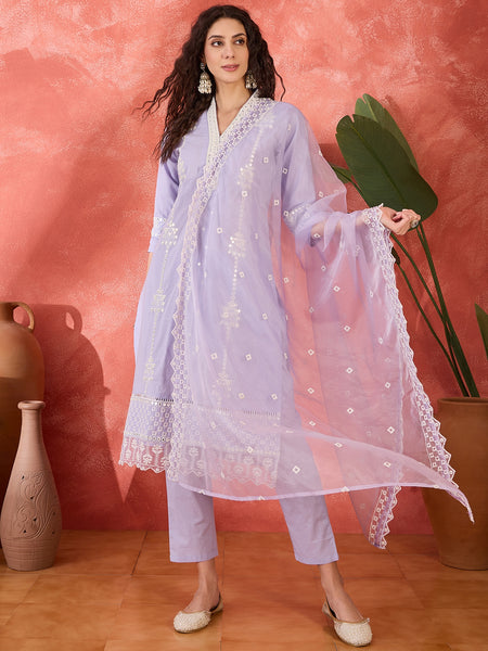Lilac Embroidered Cotton Kurta Set with Straight Pants
