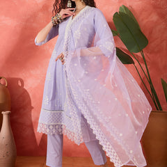 Lilac Embroidered Cotton Kurta Set with Straight Pants