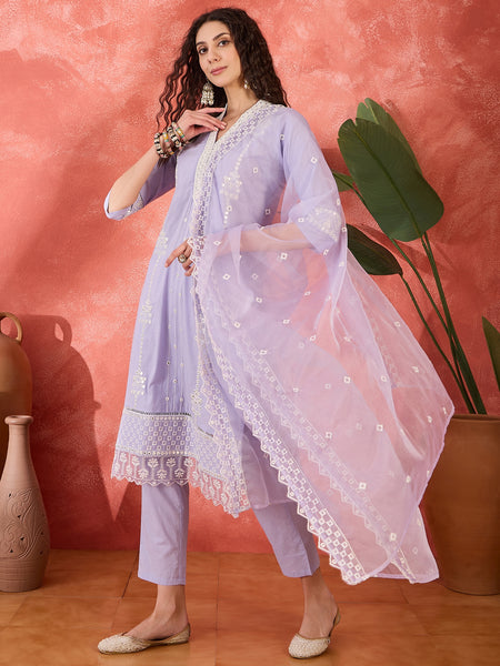 Lilac Embroidered Cotton Kurta Set with Straight Pants