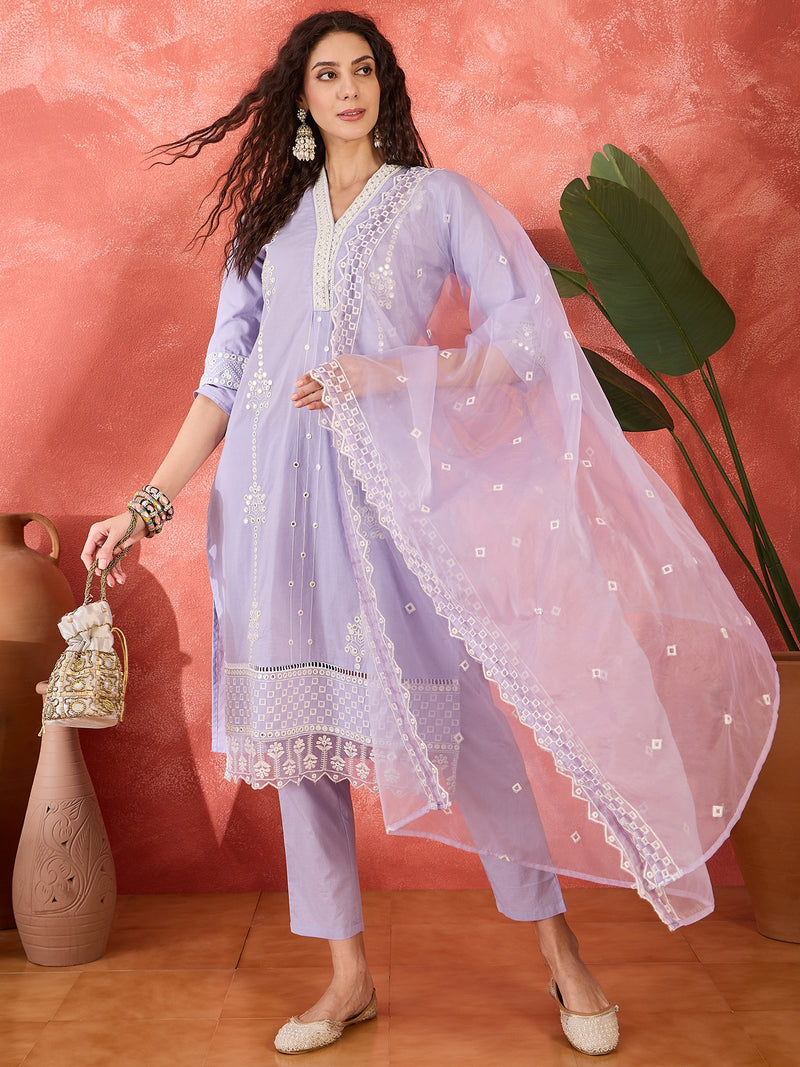 Lilac Embroidered Cotton Kurta Set with Straight Pants