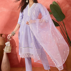 Lilac Embroidered Cotton Kurta Set with Straight Pants