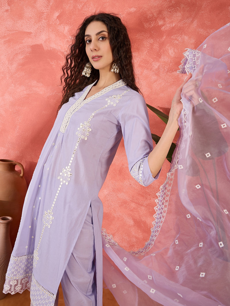Lilac Embroidered Cotton Kurta Set with Straight Pants