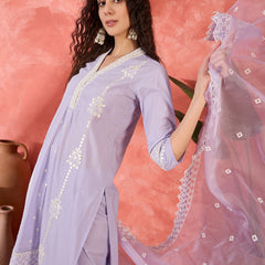 Lilac Embroidered Cotton Kurta Set with Straight Pants