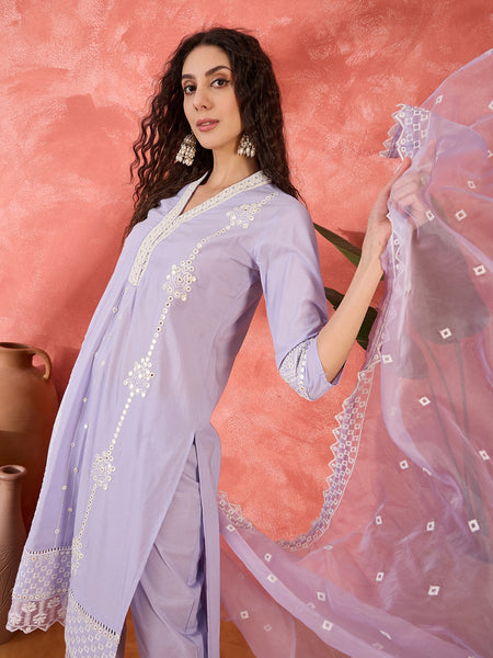 Lilac Embroidered Cotton Kurta Set with Straight Pants