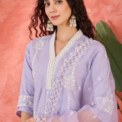 Lilac Embroidered Cotton Kurta Set with Straight Pants