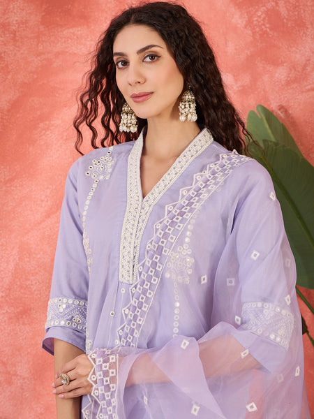 Lilac Embroidered Cotton Kurta Set with Straight Pants