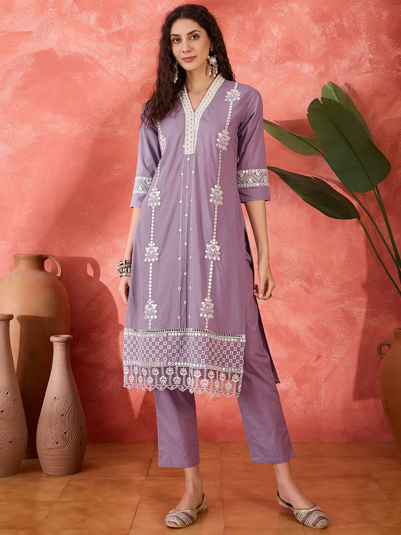 Embroidered Cotton Kurta Set with Straight Pants