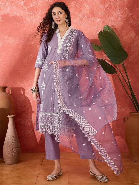 Purple Embroidered Cotton Kurta Set with Straight Pants