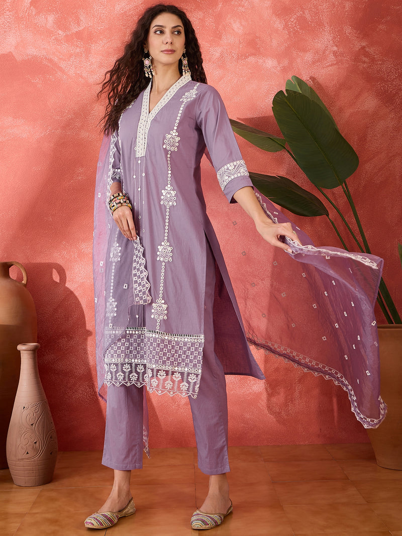 Embroidered Cotton Kurta Set with Straight Pants