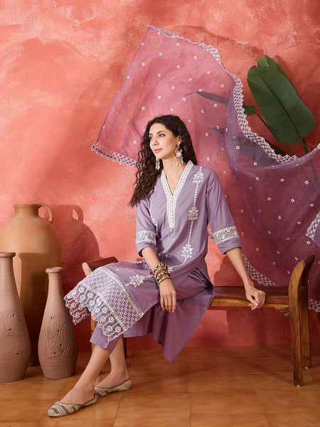 Purple Embroidered Cotton Kurta Set with Straight Pants