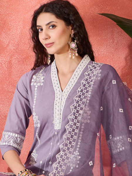Purple Embroidered Cotton Kurta Set with Straight Pants