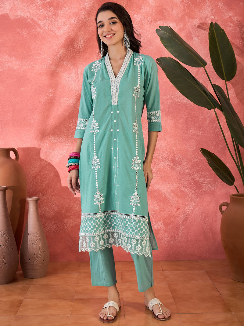 Embroidered Cotton Kurta Set with Straight Pants