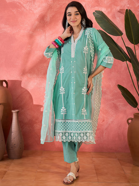 Embroidered Cotton Kurta Set with Straight Pants